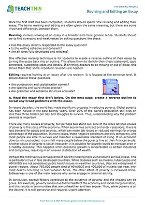 EAP revising and editing worksheet preview for Intermediate (B1-B2) showing reverse outlining, editing, and paragraph revision tasks