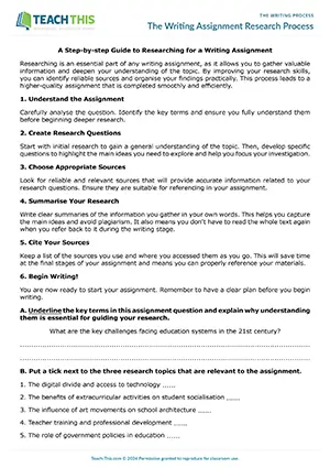 EAP writing process worksheet preview for Upper-intermediate (B2) showing research questions, summary writing, and peer review activities