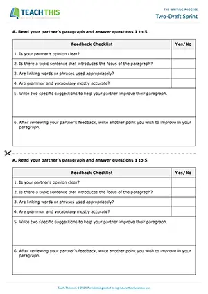 EAP Drafting and Revising Activity preview for Intermediate (B1) showing paragraph writing activities, peer review and feeback