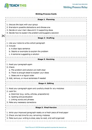 EAP Writing Process Activity preview for Intermediate (B1) showing brainstorming, outlining, drafting, revising, editing, peer feedback