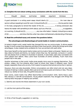 EAP essay conclusions worksheet preview for Intermediate (B1) showing gap-fill, answering questions, writing and revising a conclusion, and peer review activities