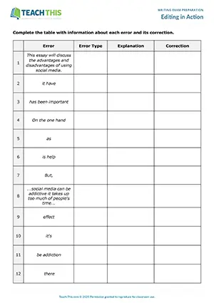 EAP editing and revising activity preview for Intermediate (B1) showing error correction, identifying, grammar, vocabulary, and peer discussion tasks