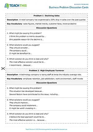 Business problems activity preview featuring speaking activities, problem solving, guided discussion, freer and communicative practice for upper-intermediate B2 level business English students