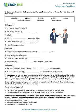 Business problems worksheet and activity preview featuring matching, ordering, short answer questions, true or false, gap-fill, roleplay, negotiation, giving a short presentation for upper-intermediate B2 level business English students