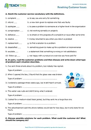 Customer service activity preview showing vocabulary matching exercises, guided discussion, role-plays, freer and communicative practice for intermediate B1 level customer service training