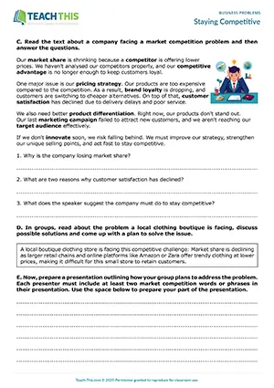 Business problems worksheet preview showing reading and vocabulary exercises, matching, gap-fill, discussion, delivering presentations, and freer practice for upper-intermediate B2 level market competition vocabulary