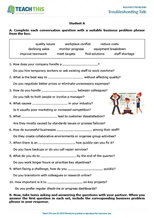 Business problems activity preview featuring speaking and vocabulary activities, gap-fill, asking and answering questions, controlled and freer practice, group and pair work for upper-intermediate B2 level business English students