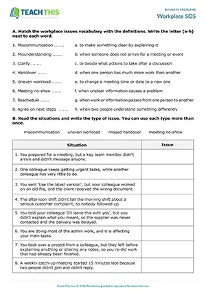 Workplace SOS business problems worksheet preview for Upper-intermediate (B2): workplace issues vocabulary, identifying problems, gap-fill and paired role-plays
