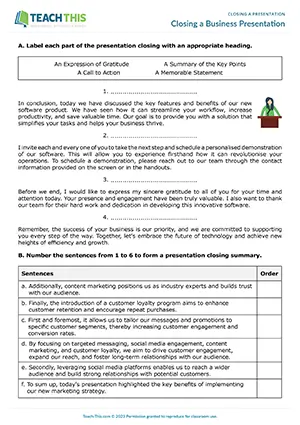Business English closing a presentation worksheet preview showing reading, vocabulary and writing exercises, labelling, ordering, gap-fill, writing sentences, and speaking presentation activities for upper-intermediate B2 level students
