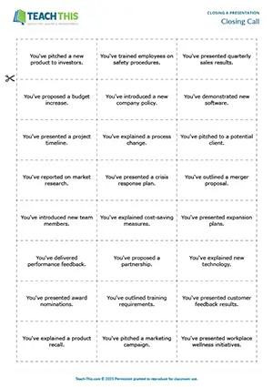 Business English closing a presentation game preview showing reading, preparing and delivering part of a presentation, freer practice, group work work for upper-intermediate B2 level students
