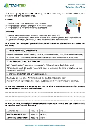 Business English closing a presentation activity preview featuring preparing and delivering part of a presentation, peer feedback, freer practice, and pair work for upper-intermediate B2 level students