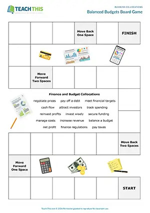 Business English collocations worksheet and board game preview showing vocabulary matching, binary choice exercises, gap-fill activities for upper-intermediate B2 level finance and budget vocabulary