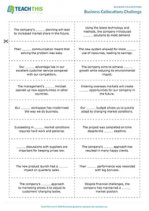 Business English collocations worksheet and game preview featuring vocabulary identifying exercises, gap-fill activities, matching games for upper-intermediate B2 level business vocabulary