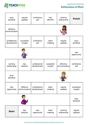 Business English collocations worksheet and board game preview showing vocabulary matching exercises, gap-fill activities, speaking practice with questions and answers for intermediate B1 level students