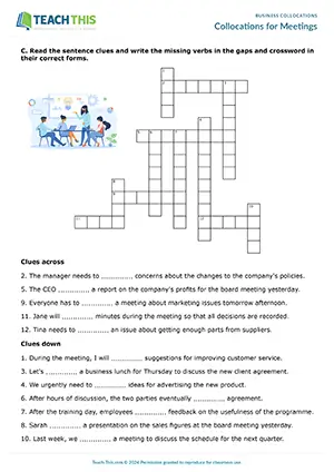 Business English collocations worksheet preview featuring vocabulary matching exercises, error correction tasks, and crossword puzzles for intermediate B1 level meeting vocabulary