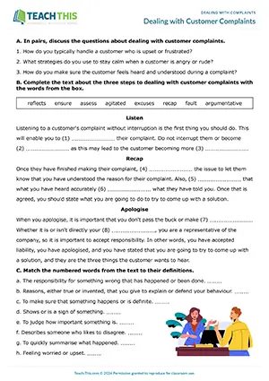 Business English dealing with complaints worksheet preview featuring reading and writing exercises, gap-fill, error correction, ordering, speaking roleplay activities for upper-intermediate B2 level students