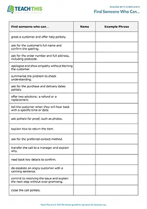 Business English dealing with complaints activity preview featuring asking and answering questions, controlled and freer practice activities for upper-intermediate B2 level students