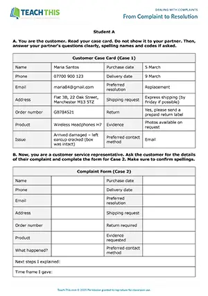 Business English dealing with complaints activity preview featuring role-play, asking and answering questions, form completion, freer practice, and group work for upper-intermediate B2 level students