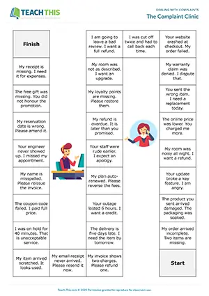 Business English dealing with complaints game preview featuring impromptu speech, freer practice, and group work for upper-intermediate B2 level students