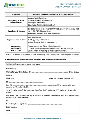 Business English follow-up emails worksheet preview showing reading, vocabulary and writing exercises, gap-fill, matching, rewriting sentences, writing questions, email writing, peer feedback for upper-intermediate B2 level students