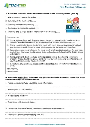 Business emails worksheet preview showing reading, vocabulary and writing exercises, matching, identifying phrases, gap-fill, sentence writing, email writing, peer feedback for intermediate B1 level students