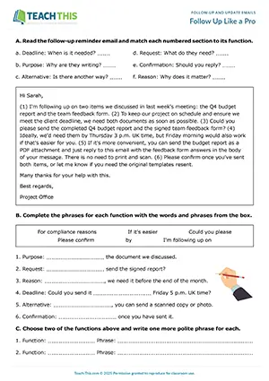 Business English follow-up emails worksheet preview showing vocabulary and writing exercises, identifying, matching, gap-fill, error correction, email writing for upper-intermediate B2 level students