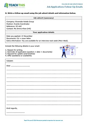 Business emails worksheet preview showing reading, vocabulary and writing exercises, comprehension questions, ordering, rewriting sentences, email writing, peer feedback for intermediate B1 level students