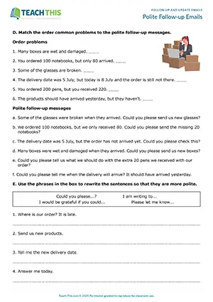 Business emails worksheet preview showing reading, vocabulary and writing exercises, identifying, matching, rewriting sentences, email writing, peer feedback for intermediate B1 level students