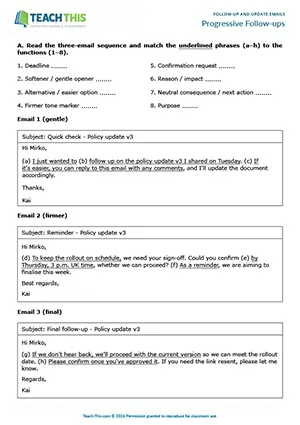 Business English follow-up emails worksheet preview showing reading, vocabulary and writing exercises, matching, error correction, rewriting sentences, email writing for upper-intermediate B2 level students