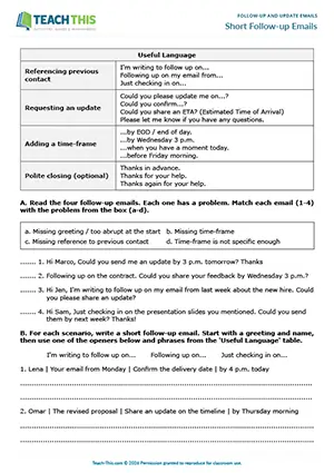 Business emails worksheet preview showing reading, vocabulary and writing exercises, matching, writing sentences from prompts, email writing for intermediate B1 level students