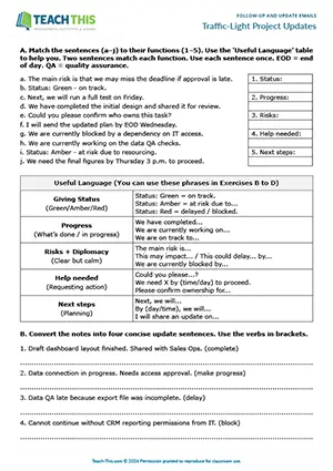 Business English update emails worksheet preview showing reading and writing exercises, matching, writing and rewriting sentences, email writing for upper-intermediate B2 level students
