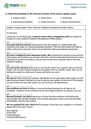 Business English update emails worksheet preview featuring reading, vocabulary and writing exercises, matching, writing sentences from prompts, email writing, and error correction for upper-intermediate B2 level students