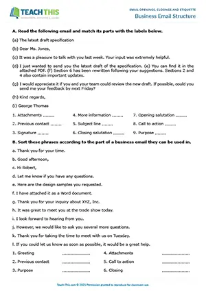 ESL business email structure worksheet preview featuring vocabulary and writing exercises, matching, categorising, and email writing practice for upper-intermediate B2 level students