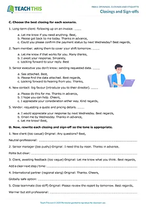 ESL business email structure worksheet preview featuring vocabulary and writing exercises, matching, gap‑fill, multiple choice, and rewriting for upper-intermediate B2 level students