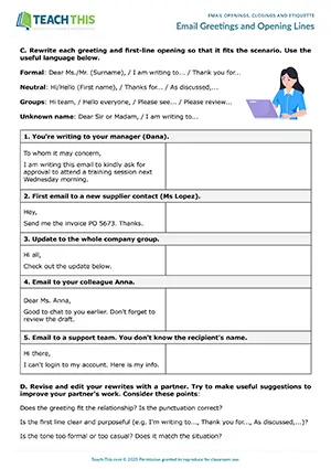 Business emails worksheet preview showing vocabulary and writing exercises, categorising, matching, rewriting for intermediate B1 level students