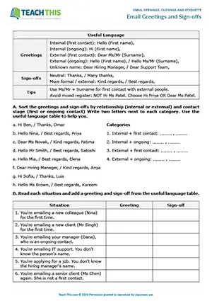 Business emails worksheet preview showing vocabulary and writing exercises, categorising, table completion, rewriting sentences, writing sentences for intermediate B1 level students