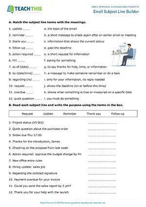 Business emails worksheet preview showing vocabulary and writing exercises, matching, identifying, gap-fill, error correction, writing subject lines for intermediate B1 level students