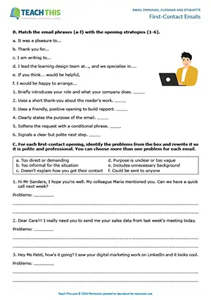 ESL business email openings worksheet preview featuring reading and writing exercises, matching, identifying, rewriting sentences, writing emails, peer feedback for upper-intermediate B2 level students