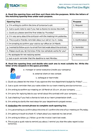 Business emails worksheet preview showing reading, vocabulary and writing exercises, categorising, identifying, gap‑fill, sentence writing for intermediate B1 level students