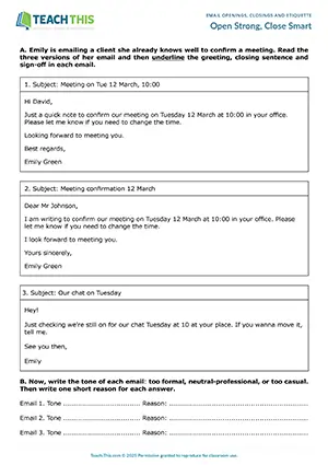 Business emails worksheet preview showing reading, vocabulary and writing exercises, categorising, rewriting sentences for intermediate B1 level students
