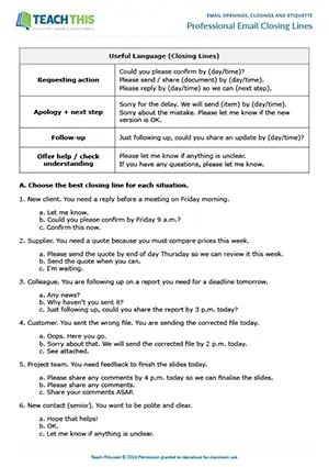 Business emails worksheet preview showing reading and writing exercises, multiple choice, matching, writing and rewriting sentences for intermediate B1 level students