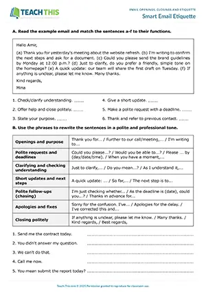 Business emails worksheet preview showing vocabulary and writing exercises, matching, rewriting sentences, gap‑fill, identifying, writing a short email for intermediate B1 level students