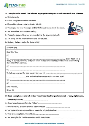 Business email etiquette and tone worksheet preview featuring reading, vocabulary and writing exercises, gap-fill, labelling, sentence completion, rewriting sentences, writing emails, peer feedback for upper-intermediate B2 level students