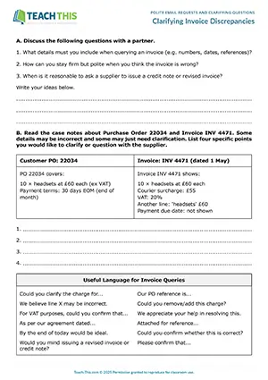 Business English email requests and clarifying questions worksheet preview showing reading and writing exercises, identifying, writing questions and statements, email writing, peer feedback, guided discussion, freer practice, and pair work for upper-intermediate B2 level students