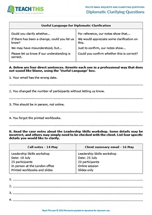 Business English email requests and clarifying questions worksheet preview showing reading and writing exercises, rewriting direct statements, writing clarifying questions, email writing, peer feedback for upper-intermediate B2 level students