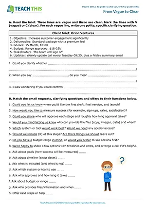 Business English email requests and clarifying questions worksheet preview showing reading, vocabulary and writing exercises, categorising, sentence completion, matching, rewriting sentences and emails for upper-intermediate B2 level students