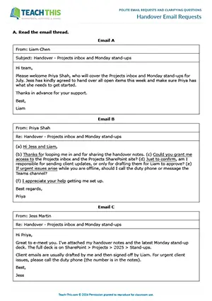 Business English email requests worksheet preview showing reading, vocabulary and writing exercises, ordering, matching, sentence completion, rewriting sentences, and writing emails for upper-intermediate B2 level students