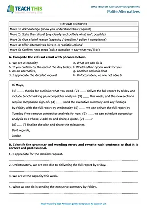 Business English email responding to requests worksheet preview showing reading and writing exercises, gap-fill, error correction, generating options, email writing, peer feedback for upper-intermediate B2 level students