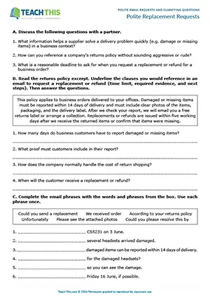 Business emails worksheet preview showing reading, vocabulary and writing exercises, short-answer questions, gap-fill, ordering, email writing, peer feedback for intermediate B1 level students