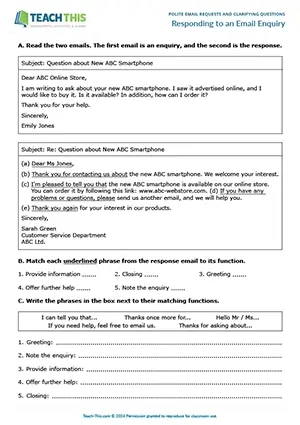 Business English email enquiries worksheet preview showing reading exercises, vocabulary matching, sentence completion, and email writing practice for pre-intermediate A2 level students